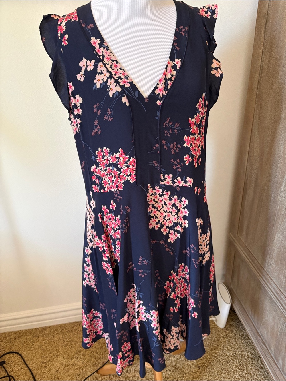 Rebecca Taylor Navy Floral V-Neck Midi Dress with Pink Accents